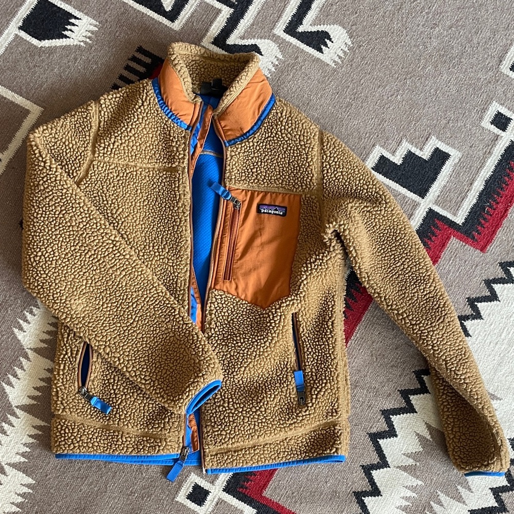 Patagonia Tan and Orange Fleece Jacket with Blue Details